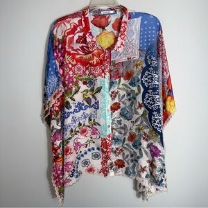 Johnny Was Tango Calliope Button Front 100% Silk Blouse-Short Sleeve-Size XXL